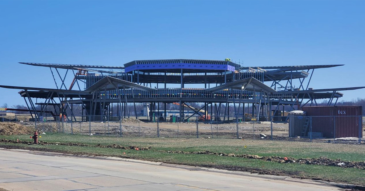  Flexjet headquarters construction site with structural steel frame.